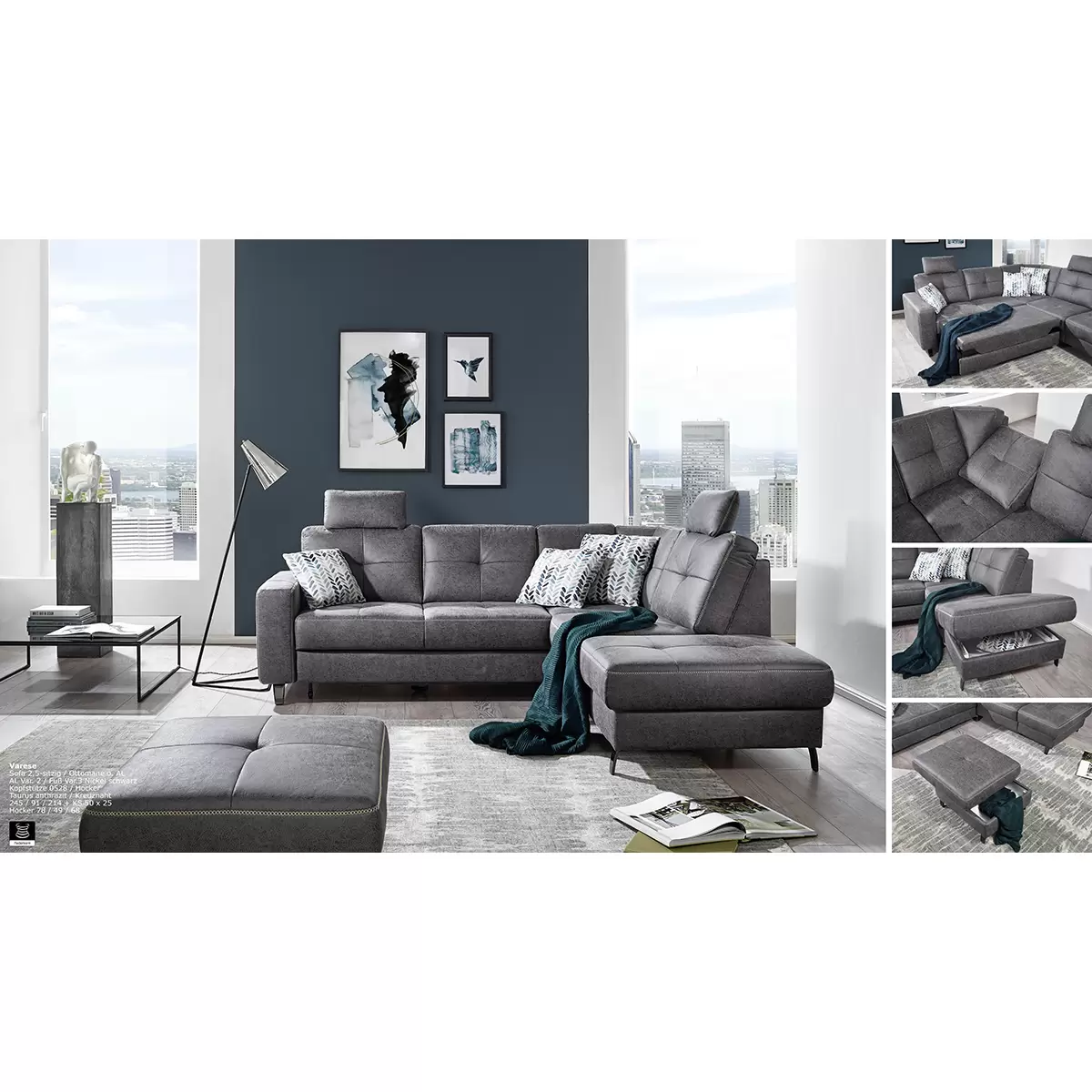 Ecksofa Varese 120 x 181 Anthrazit