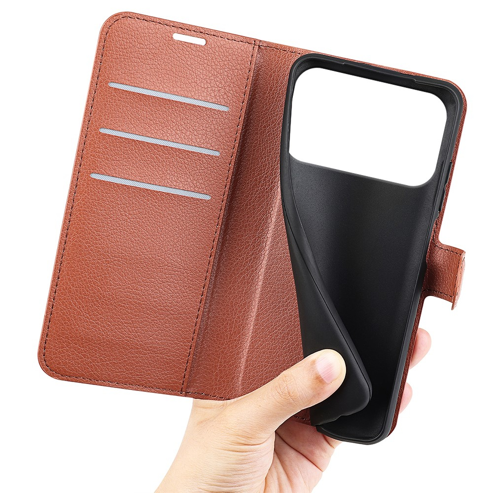 iPhone 17 Pro Max Leder Tasche Flip Cover Litchi Look - Braun