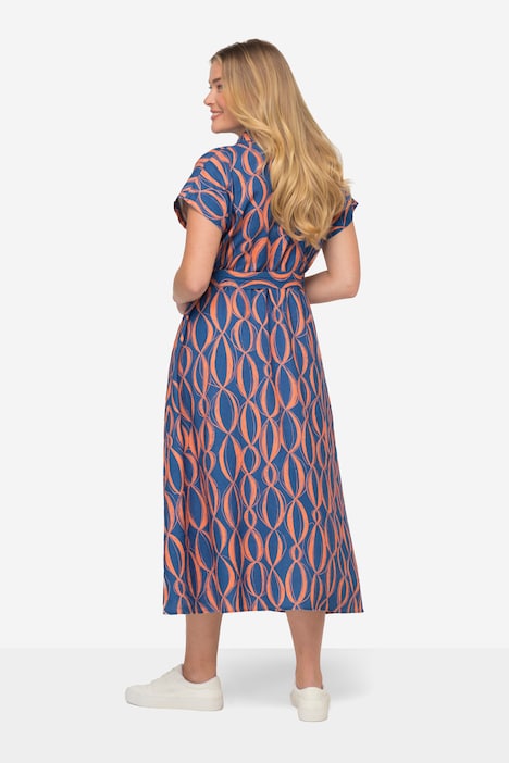 Leinenmix-Kleid, Allover Print, Hemdkragen, Taillengürtel, Halbarm