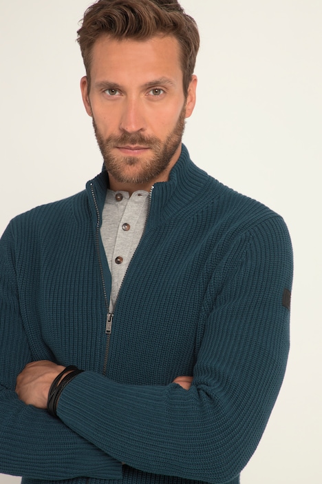 Strickjacke, kerniger Rippstrick, Stehkragen, Zipper