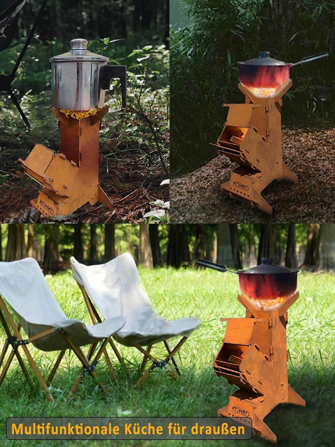 Köhko® Raketenofen L Rocket Stove Campingofen aus 3 mm Cortenstahl Outdoor für BBQ grill Camping multifunktionale Küche für Draußen