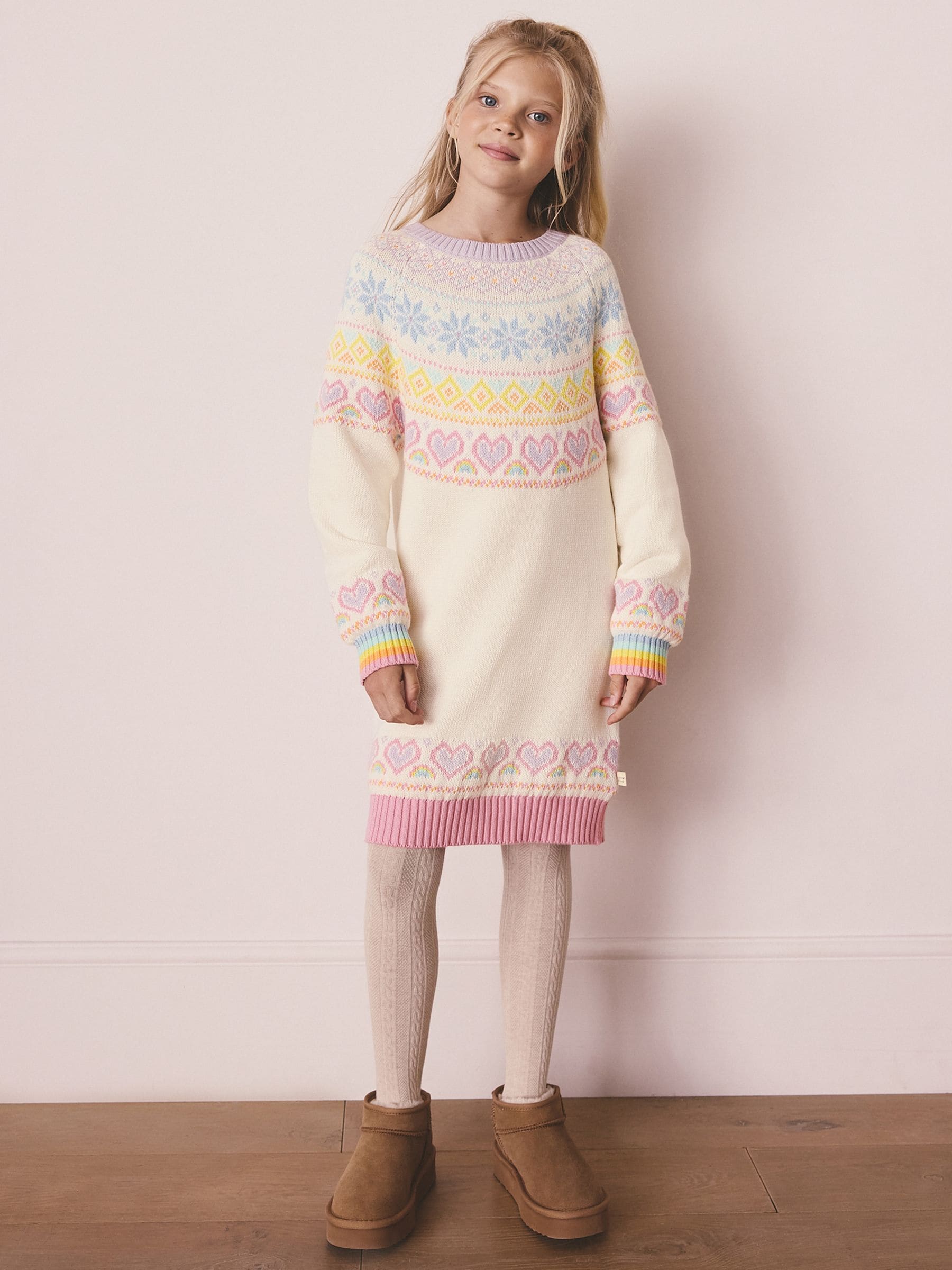 Pastelkleurige regenboogprint - Little Bird by Jools Oliver Kinder Regenboog Fair Isle Kerstmis Familie Gebreide Jurk