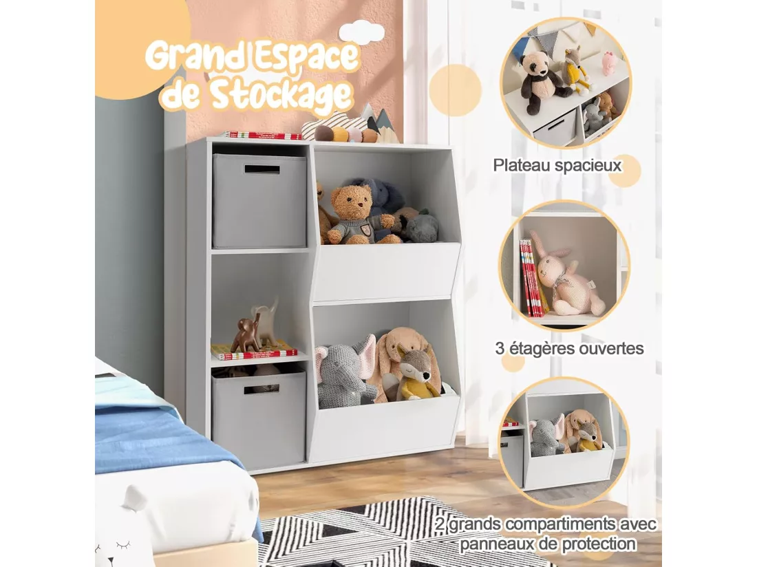 Étagère à Jouets Enfant avec 2 Bacs en Tissu Amovibles, Bibliothèque Enfant avec 3 Étagères Ouvertes & 2 Compartiments, Meuble Rangement Enfant pour Jouets Livres, 77 x 33 x 93,5 cm
