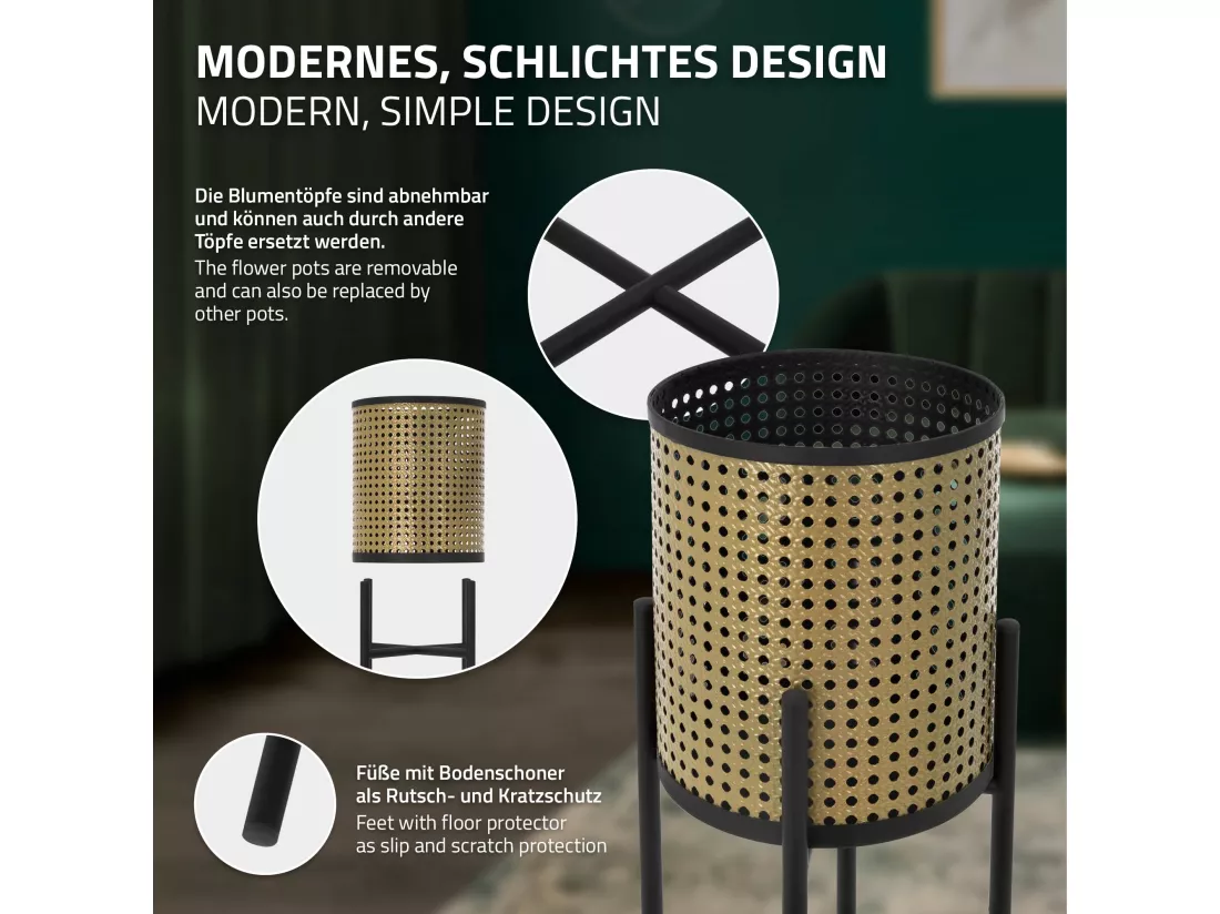 ML-Design Porte-fleurs set de 2 pièces noir-or 16,5x16,5x80,5 cm/19x19x90 cm, acier, support de pots de fleurs avec cache-pot, support de plantes en métal, support de pots de fleurs 2 pièces, pot de plantes colonne de fleurs tabouret de fleur