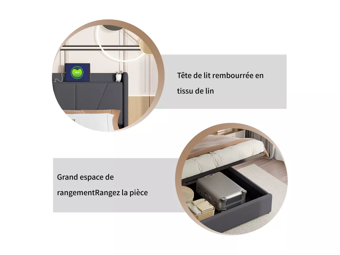 Lit double 160*200cm avec 2USB+1port de type-c+levier pneumatique, Noir, Linen