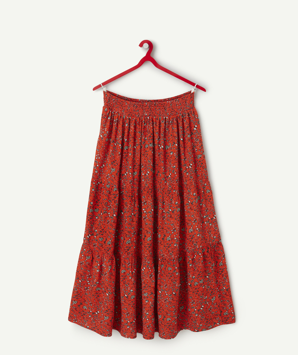 jupe longue fille en viscose responsable rouge imprimé à fleurs