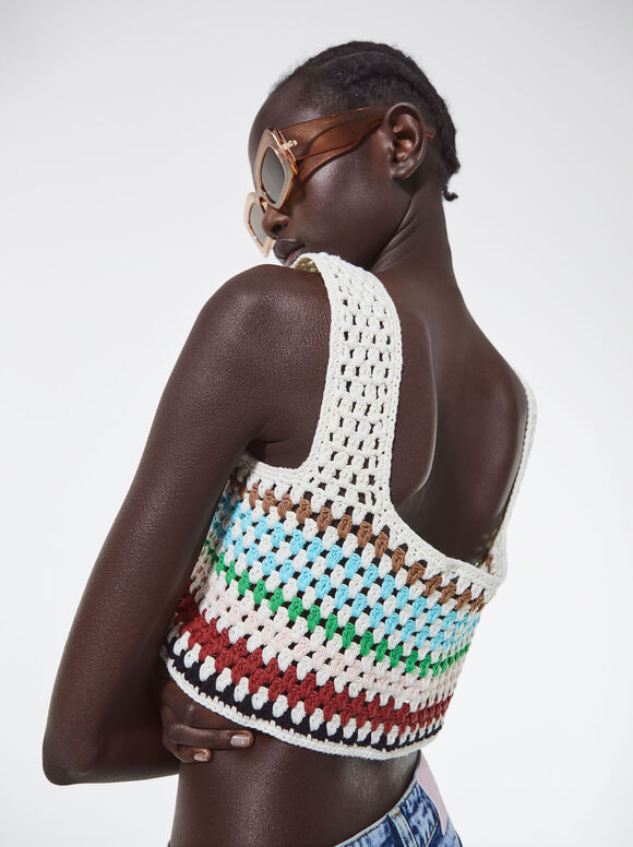 Top cropped de crochê em algodão - Multicolorido