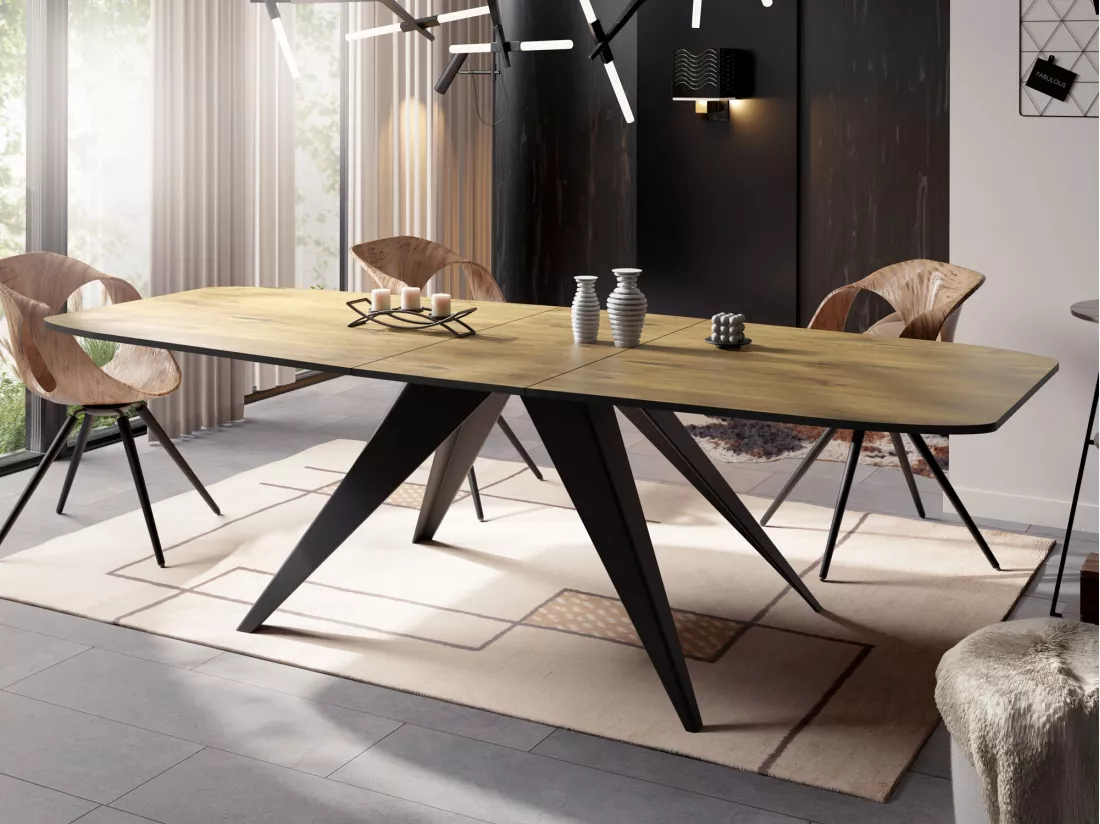 Table à Manger Extensible Style Loft - Table Industrielle Avec Pieds Métalliques Noirs - Design Moderne Pour Salon - 160 Cm Extensible à 200 Cm - Chêne Lancelot