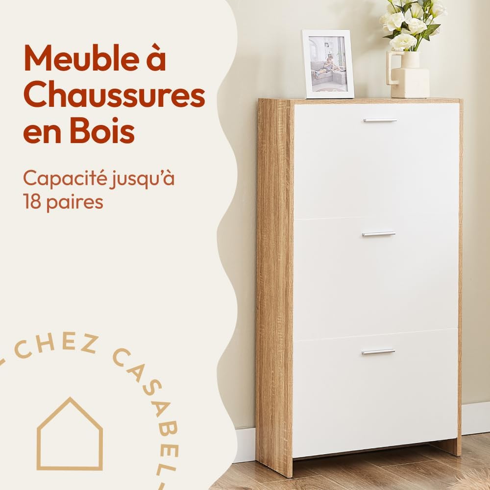 CASABEL Meuble à Chaussures Moderne 3 Abattants - Rangement Chaussures 18 Paires - Blanc et Bois Clair - Meuble en Bois - Dimensions L60xP24xH113 cm - Grande Capacité - Facile à Installer ZL6819792