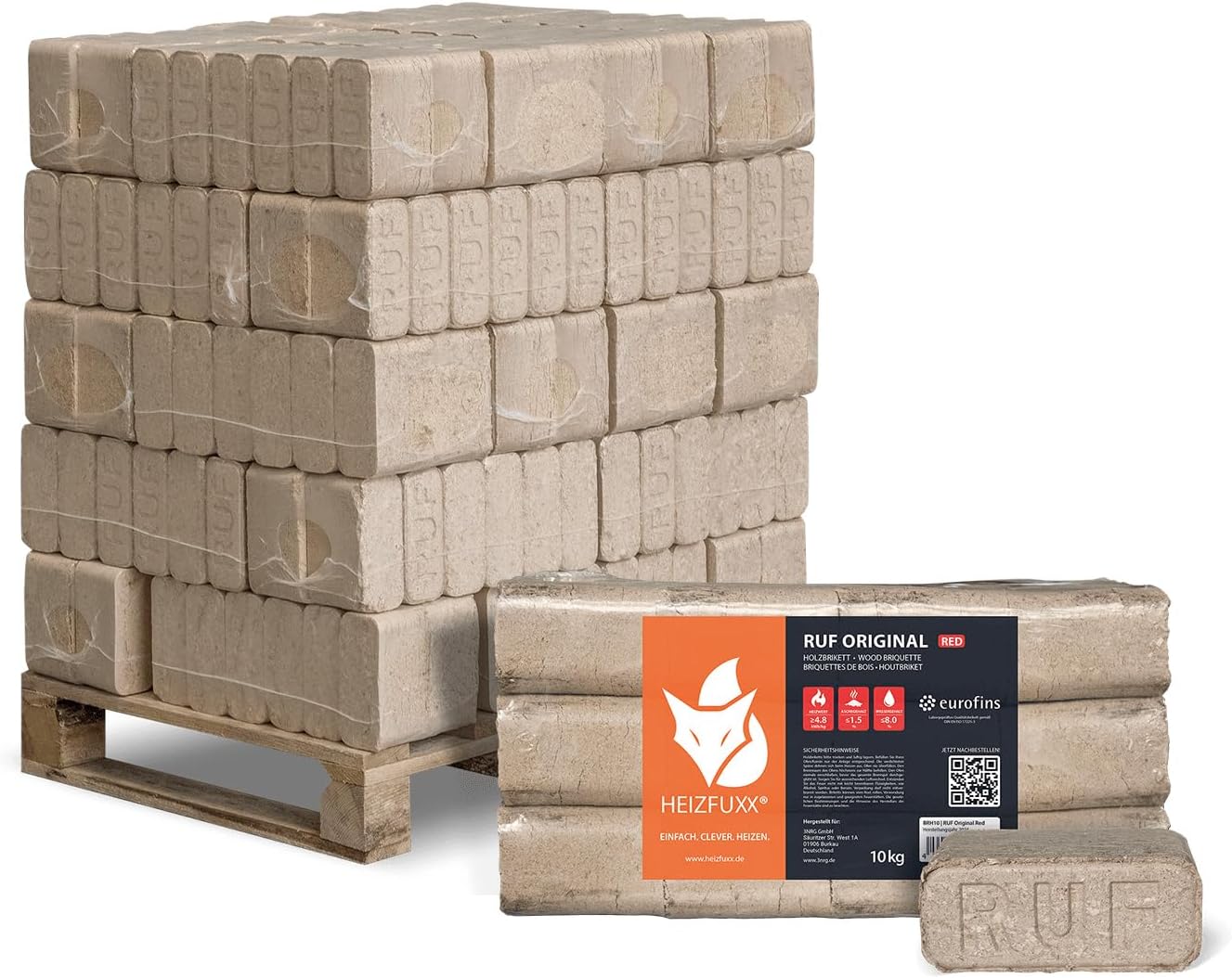 Holzbriketts RUF Original Red - Hartholzbriketts Palette 300 kg (30x10 kg) - Premium Briketts für Kamin, Heizkessel & Ofen - Hoher Heizwert, geringer Aschegehalt & maximale Energieausbeute