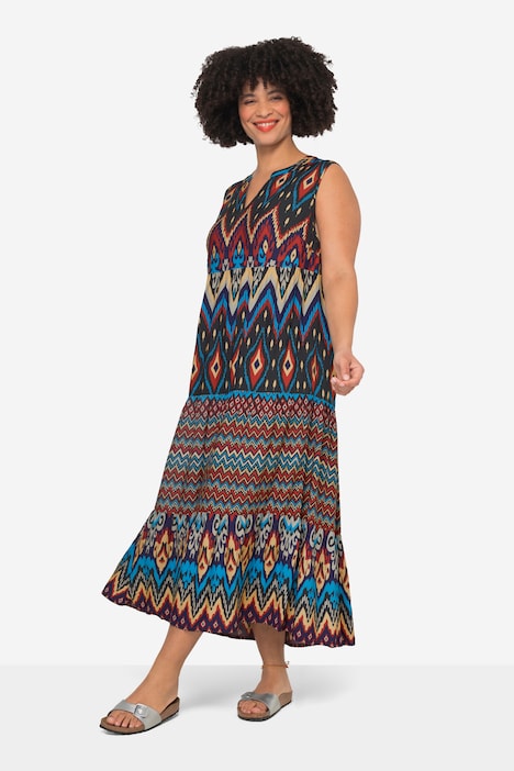 Maxikleid, A-Linie, grafischer Druck, Tunika-Ausschnitt, ärmellos