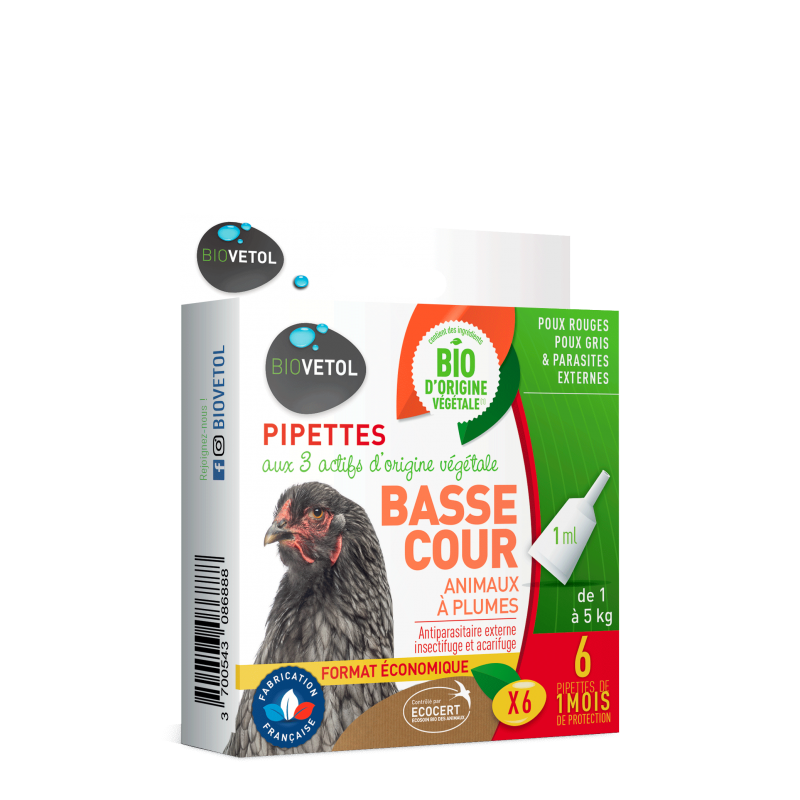 Pipettes anti puces basse-cour - bio - certifié ecocert - 6 pipettes*1ml