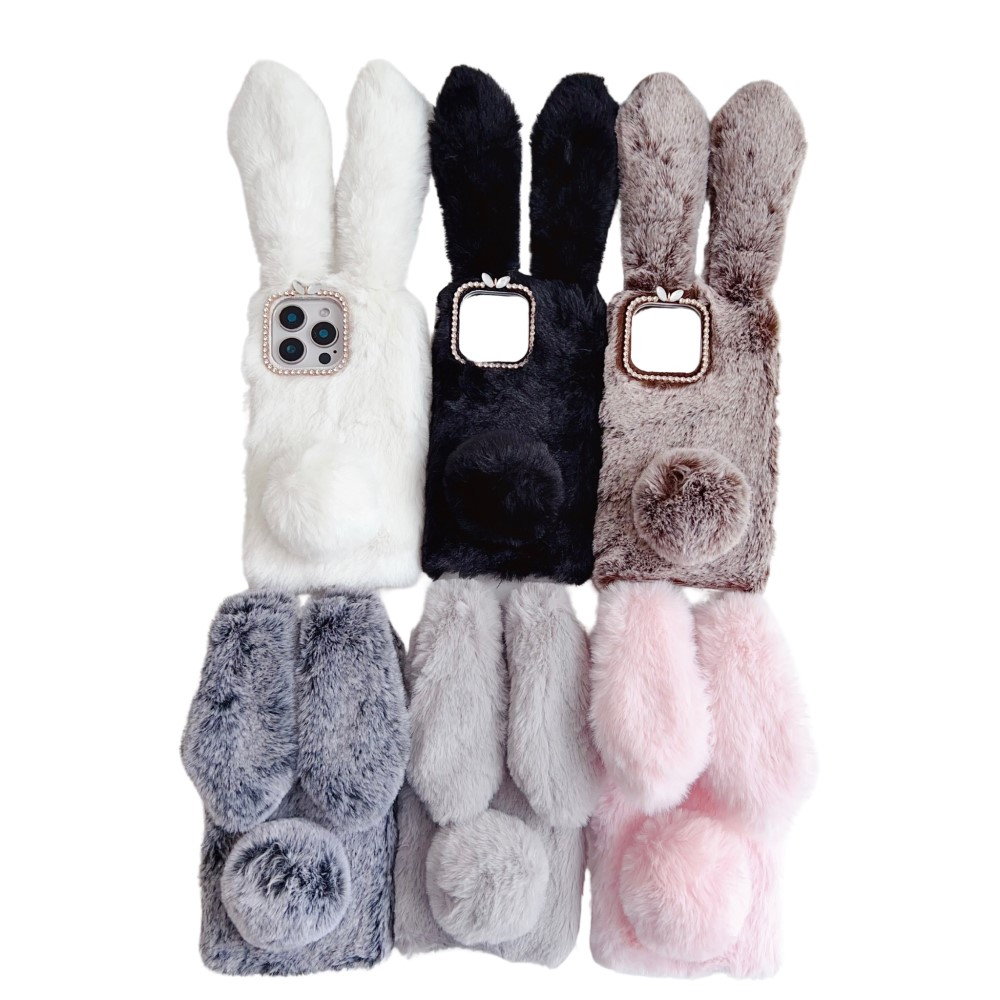 iPhone 16 Pro 3D Gummi Plüsch Case Hülle Bunny mit Flauschigen Hasenohren - Rosa