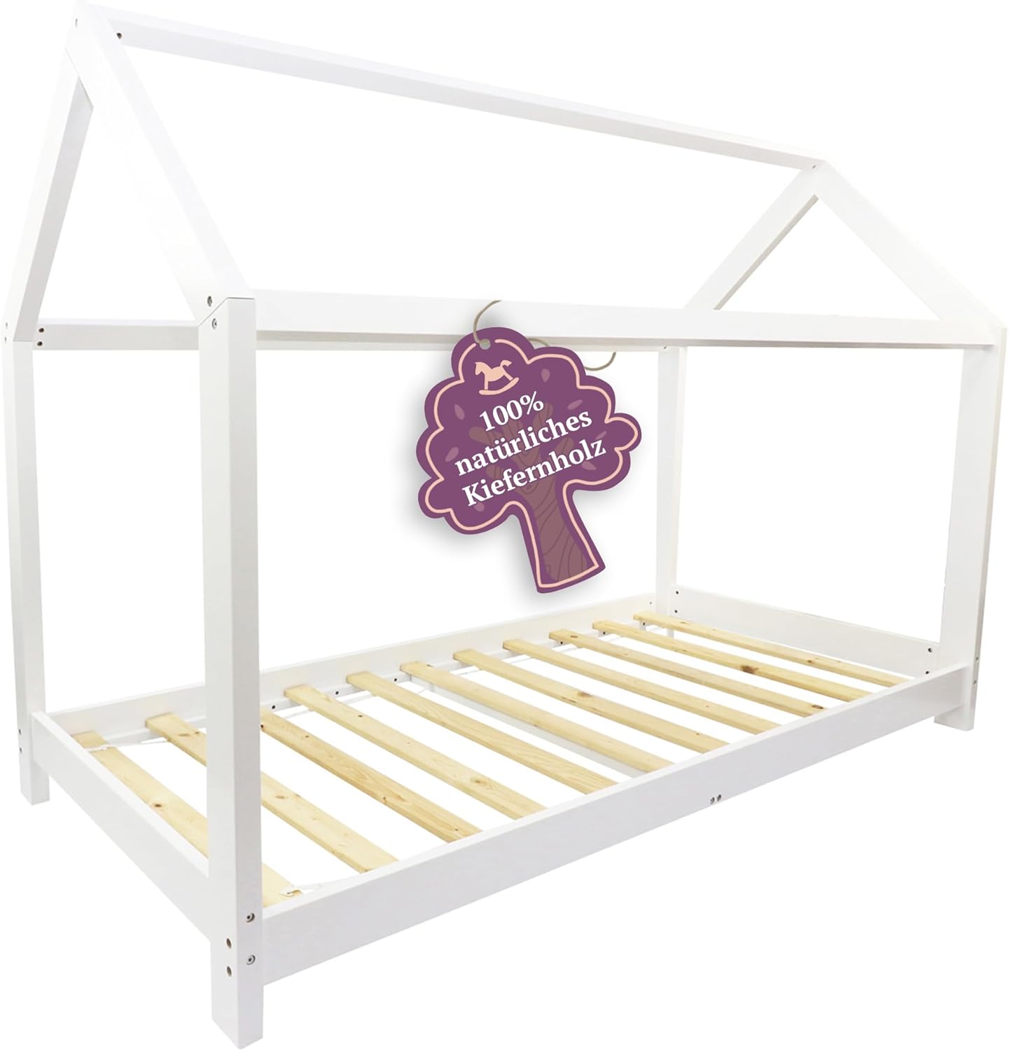Puckdaddy® Finn | Hausbett 90x200 cm | Kinderbett aus Holz in Weiß | Bettrahmen im Hausbett-Design | Roll Lattenrost 90x200 | Hochwertiges Kinderzimmer & Jugendbett | Bett für Kinder von 3-16 Jahren