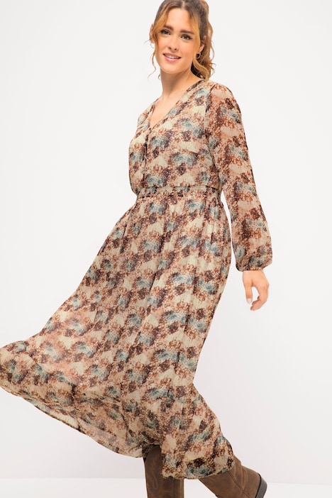 Maxikleid, A-Line, Schuppen Print, V-Ausschnitt, elastische Taille, Langarm