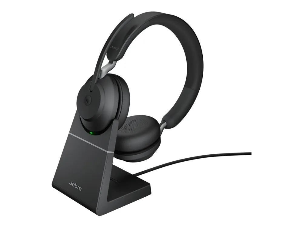 Jabra Evolve2 65 MS Stereo - Headset - på øret - Bluetooth - trådløs - USB-A - støjisolerende - sort - med opladningsstander - Certified for Microsoft Teams