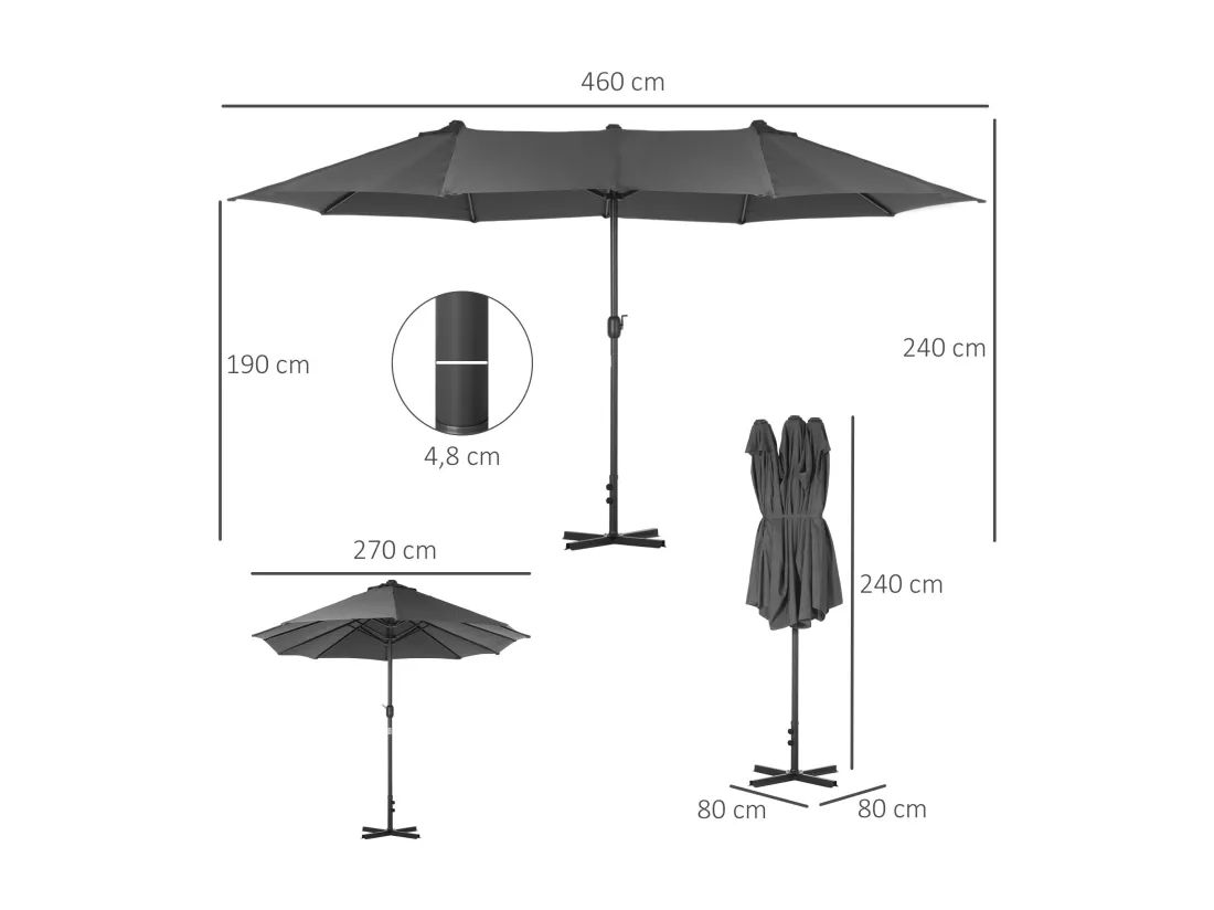 Parasol de jardin XXL parasol grande taille 4,6L x 2,7l x 2,4H m ouverture fermeture manivelle acier polyester haute densité gris
