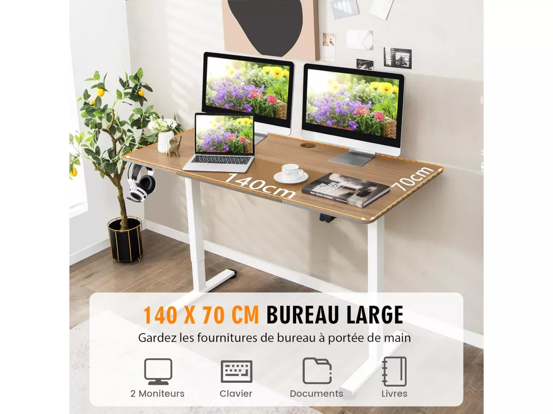 Bureau Assis Debout 70 x 140 cm, Bureau Électrique Réglable en Hauteur avec Mono-Moteur et Panneau à 2 Boutons, Table Réglable Hauteur, Support de Câble, Crochet (Gris Clair)