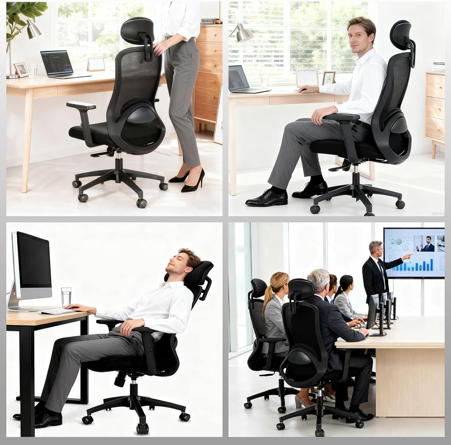 Bürostuhl, Ergonomischer Bürostuhl mit Verstellbarer 4D Lendenwirbelstütze, Schreibtischstuhl mit Kopfstütze, Drehstuhl mit 90°-130° Liegefunktion (Abschließbar), Netzstuhl bis 150KG, Schwarz
