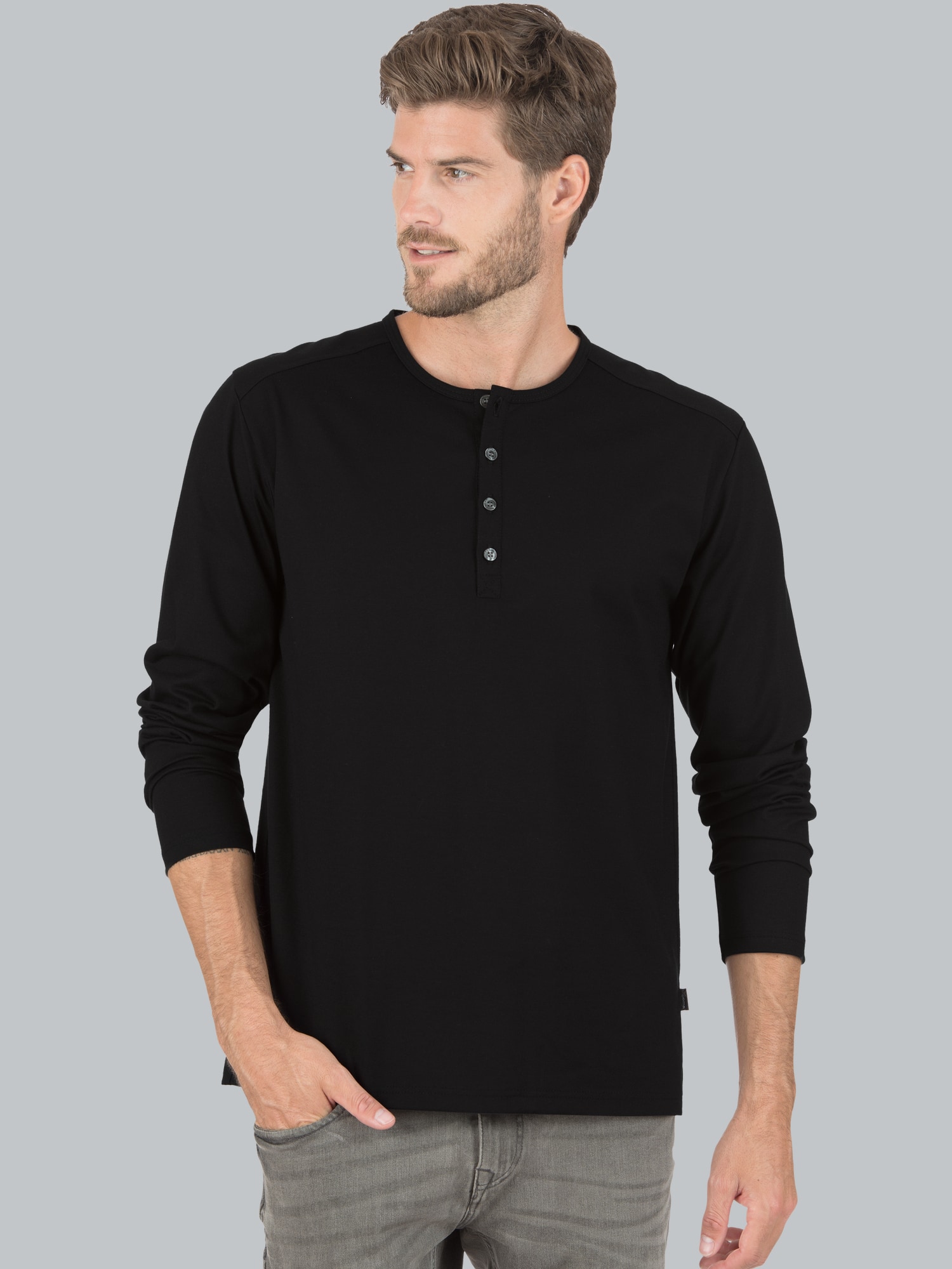 Langarmshirt mit Knopfleiste Schwarz