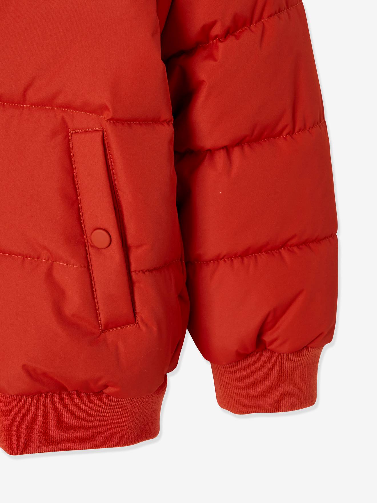 Jaqueta acolchoada com capuz e forro de lã polar laranja liso tamanho médio com estampas.
