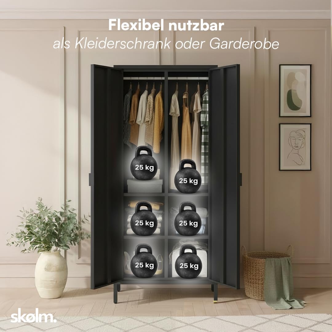 skølm Ituri Metallschrank Schwarz – Kleiderschrank mit 6 Fächern & 2 Kleiderstangen – Garderobenschrank Flur 80 cm breit – Schlafzimmerschrank Industrial Style – Stahlschrank für Wohnzimmer & Büro
