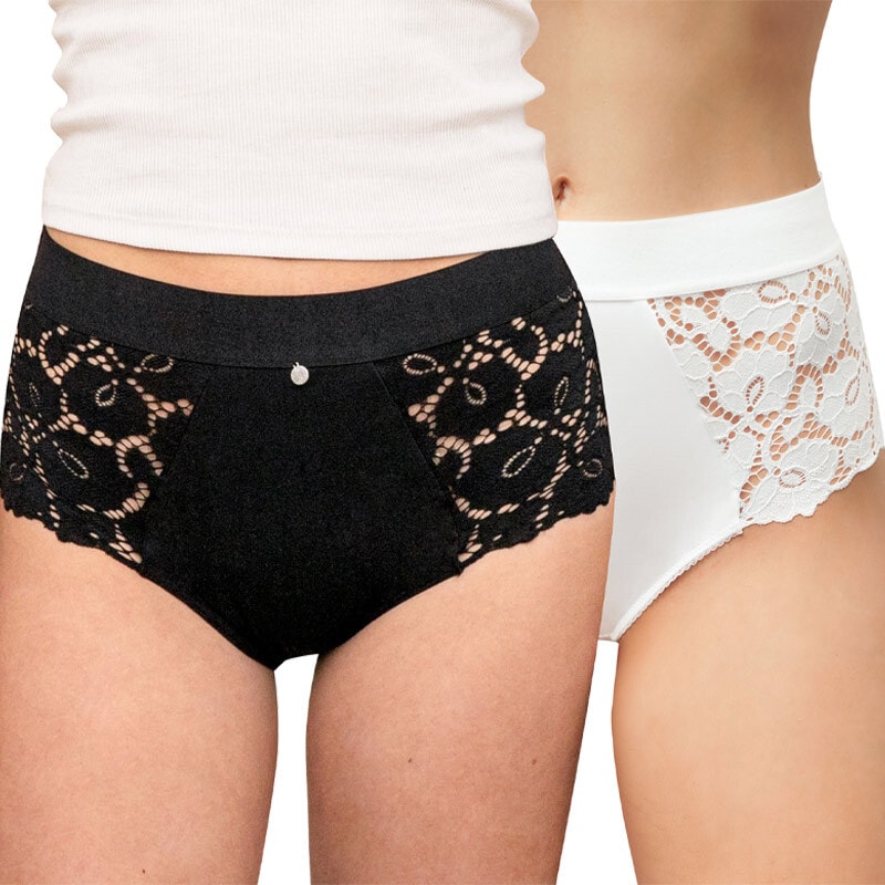 Lot de 2 culottes hautes à dentelle ventre plat - Bettina  - Noir et blanc