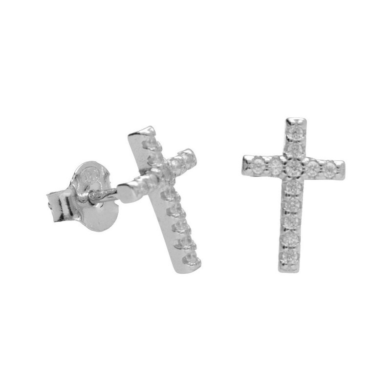 Boucles d'Oreilles Argent 925/000 Rhodié - Croix Pavée de Zirconiums