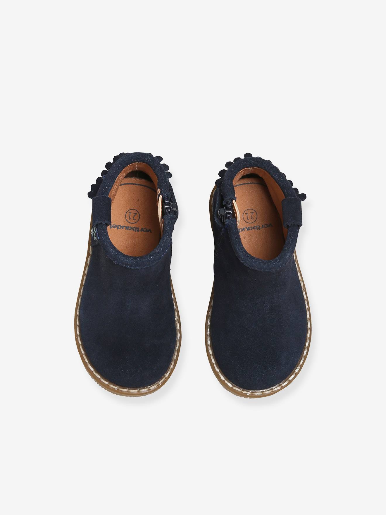 Botas de tornozelo de couro com franjas, lisas, azul-escuras, para bebê menina, com estampas.