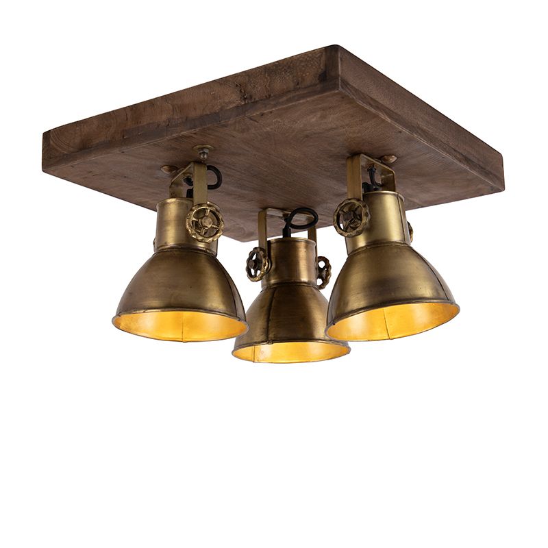 Plafondlamp brons met hout 3-lichts - Mangoes