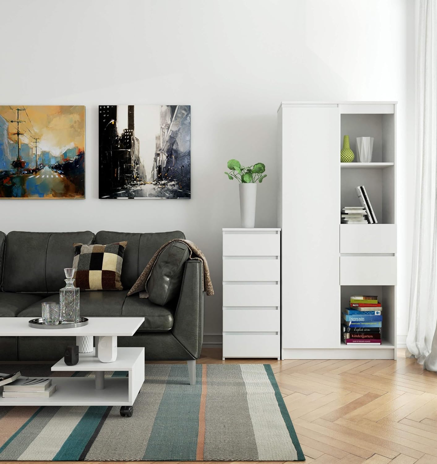 Home Collective Kommode mit fünf Schubladen, elegant, für minimalistische Innenräume, 92 cm hoch und 40 cm breit, Wohnzimmer, Schlafzimmer, Flur, Schrank, Sideboard, Highboard, viel Stauraum, weiß