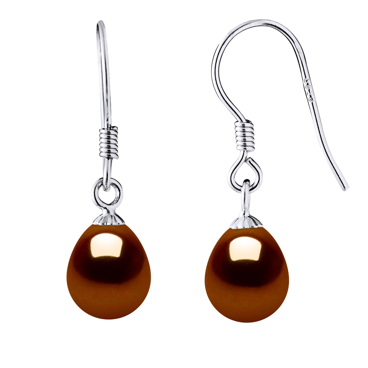 Crochets d'Oreilles Perles d'Eau Douce Poires 7-8 mm Chocolat Argent 925