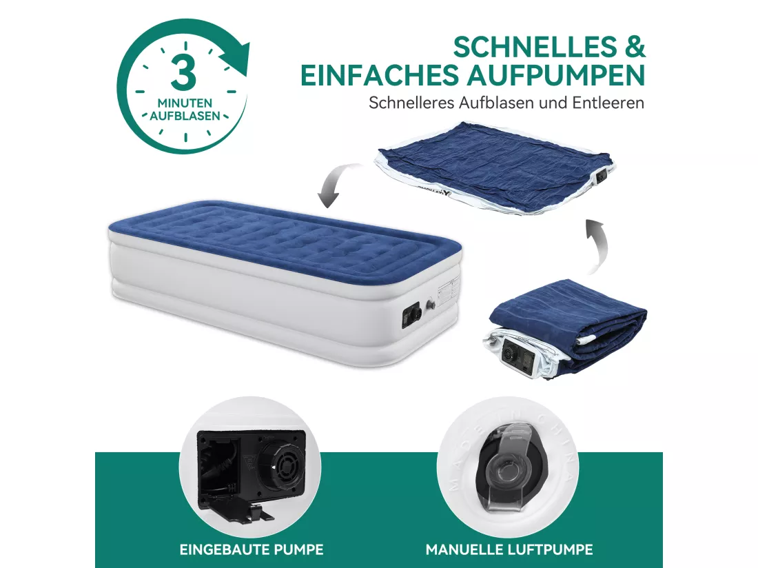 YITAHOME Matelas Gonflable - 1 Personne - Pompe Électrique Intégrée - Lit Gonflable - pour Invités - Camping - 191 x 99 x 46 cm - Bleu & Blanc