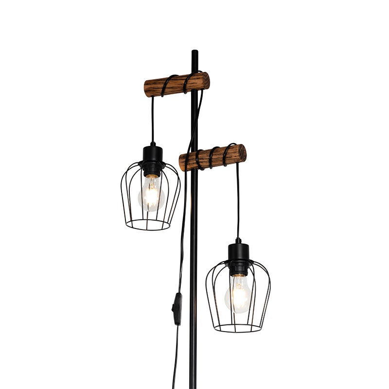 QAZQA - Country House I Vintage Landelijke Vloerlamp Zwart met Hout 2-Lichts - Elektrisch I Woonkamer I Slaapkamer - Staal Langwerpig - LED Geschikt E27