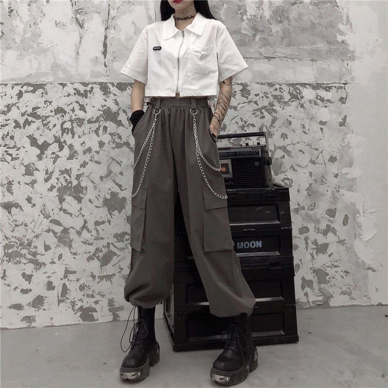 Malnia Home - High Rise Plain Wide Leg Cargo Pants / Short-Sleeve Crop Shirt / Chain / Set