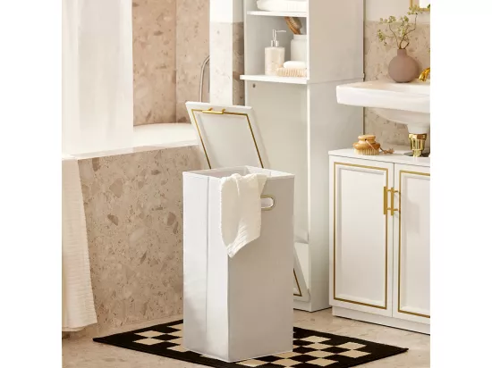SoBuy Meuble Colonne de Salle de Bain Armoire Haute Étagère étroite de Salle de Bain Meuble de Rangement avec 2 Portes, 2 Compartiments Ouverts et 1 Panier à Linge 33x32x171 cm, BZR87-W