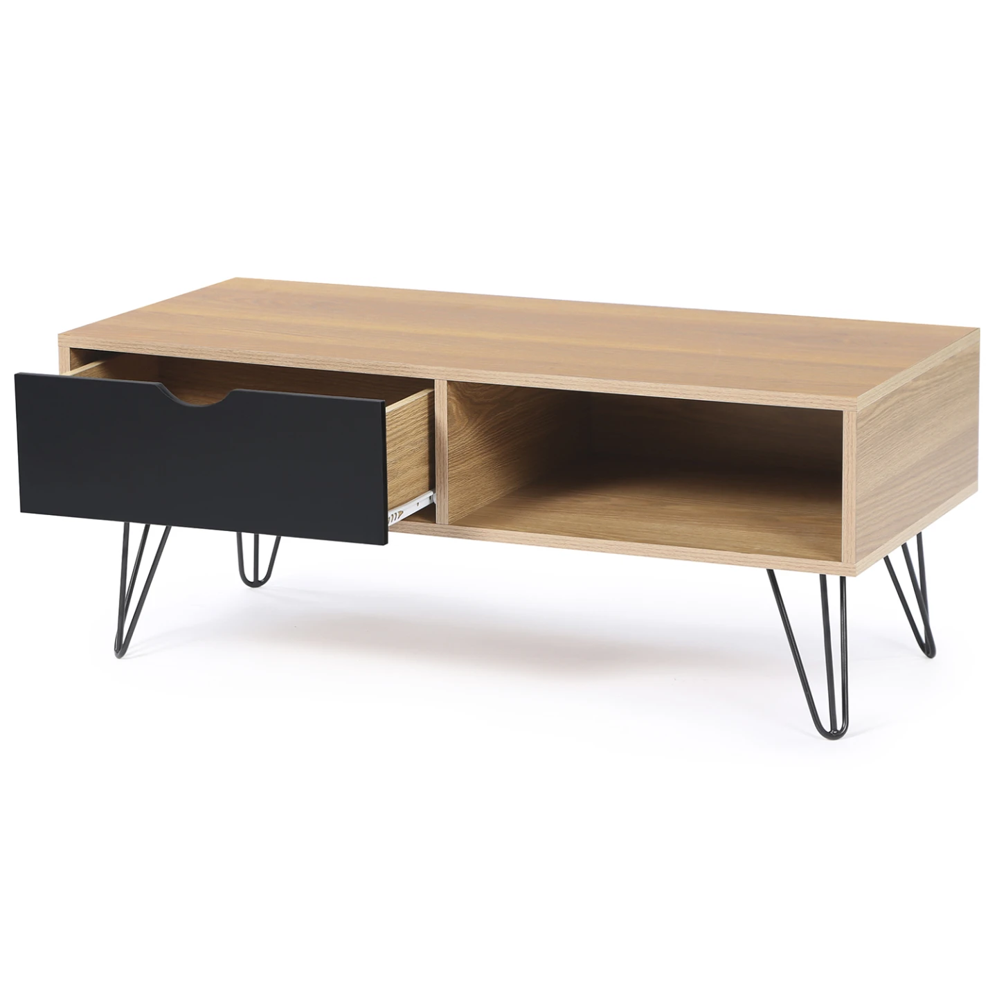 Table basse vintage rectangulaire NOEMI pied épingle bois tiroir noir