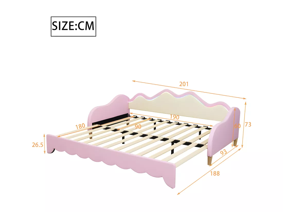 Lit gigogne tirable 90(180)x190 cm - en similicuir - avec éclairage LED et sommier à lattes - Rose