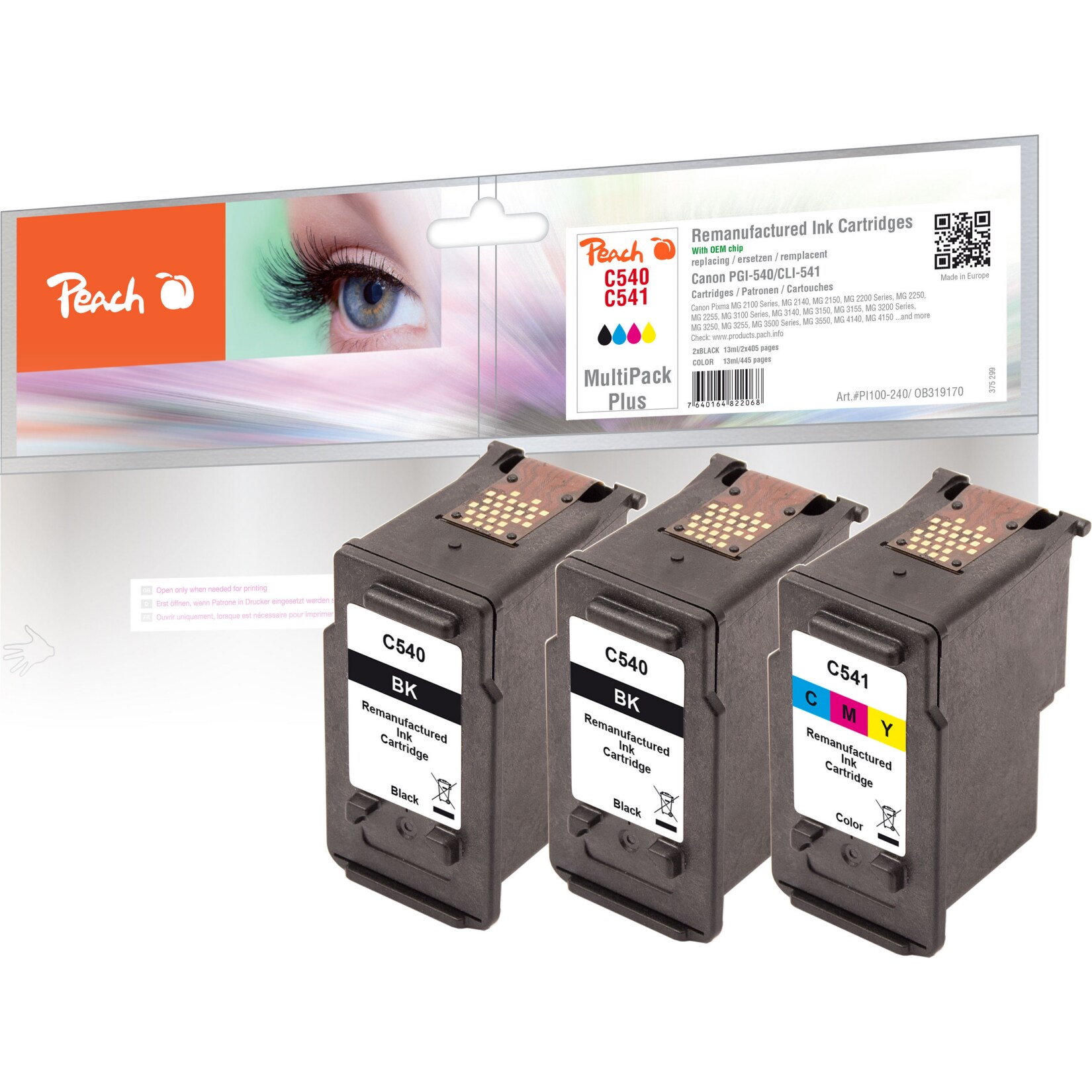Peach C540 BK 3 Druckköpfe (2*bk, col) ersetzt Canon PG-540BK*2, CL-541C, 5225B006 für z.B. Canon Pixma TS 5150, Canon Pixma MG 3650 S black (wiederaufbereitet)