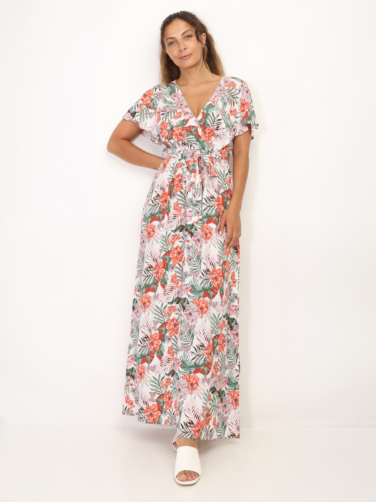 Robe cache coeur à motif fleurs- Blanc