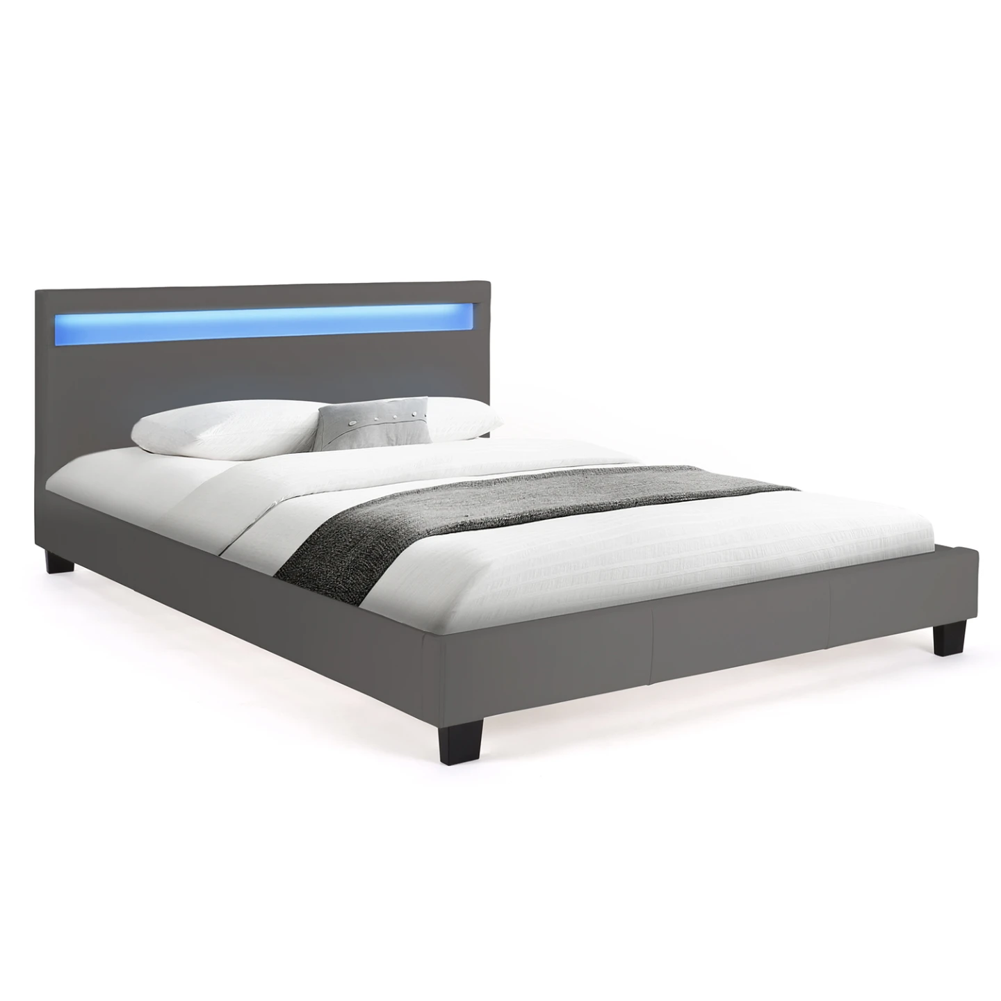 Lit double NEO avec tête de lit LED intégrées et sommier 140 x 190 cm PVC gris