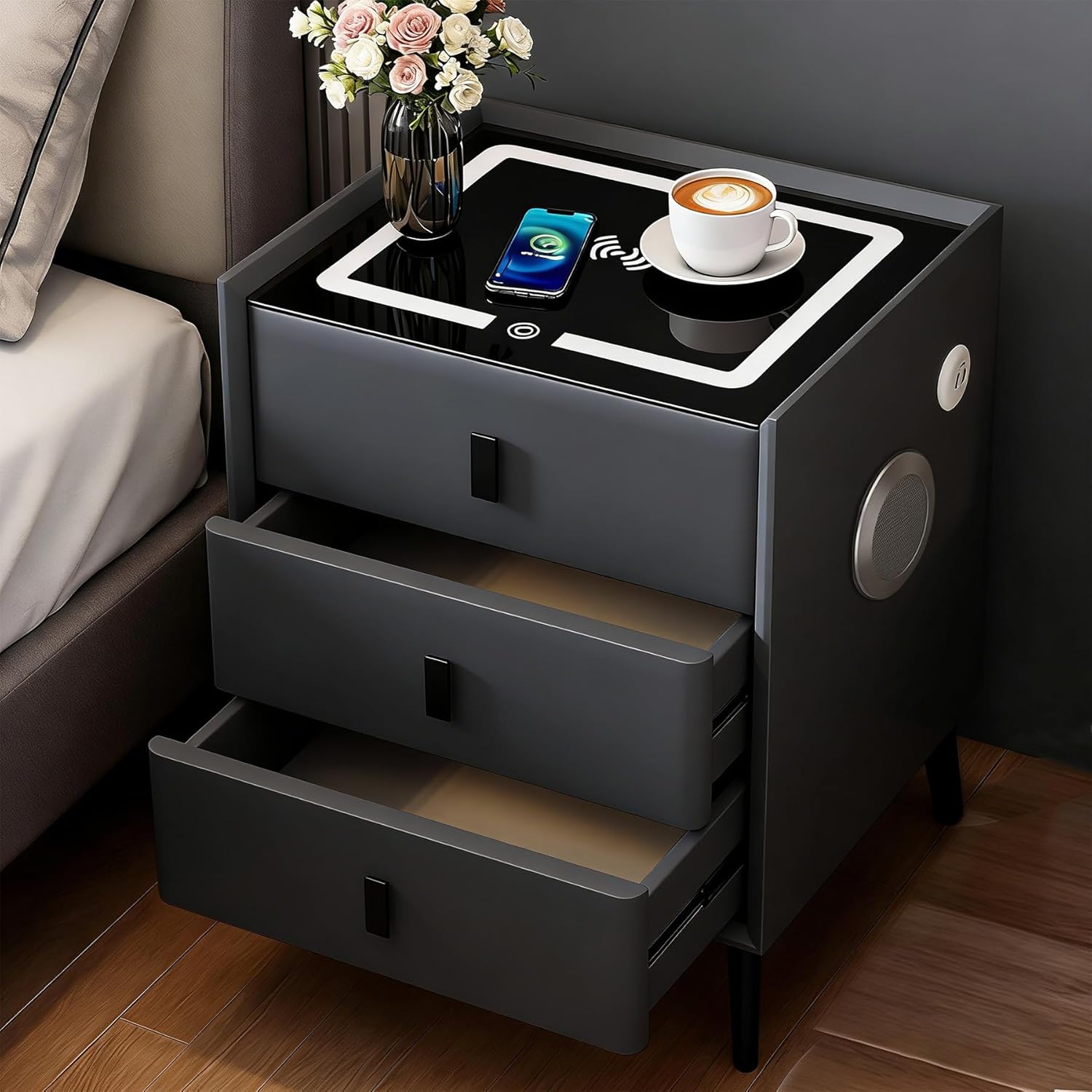 Nachttisch, Nachttische mit Bluetooth-Lautsprecher & Kabelloser Ladefunktion, Nachtschrank mit LED 3-Farben-Licht, Dimmbar, Nachtkommode mit Steckdose, 3 Schubladen,2 USB,Type-C,Nachttischschrank