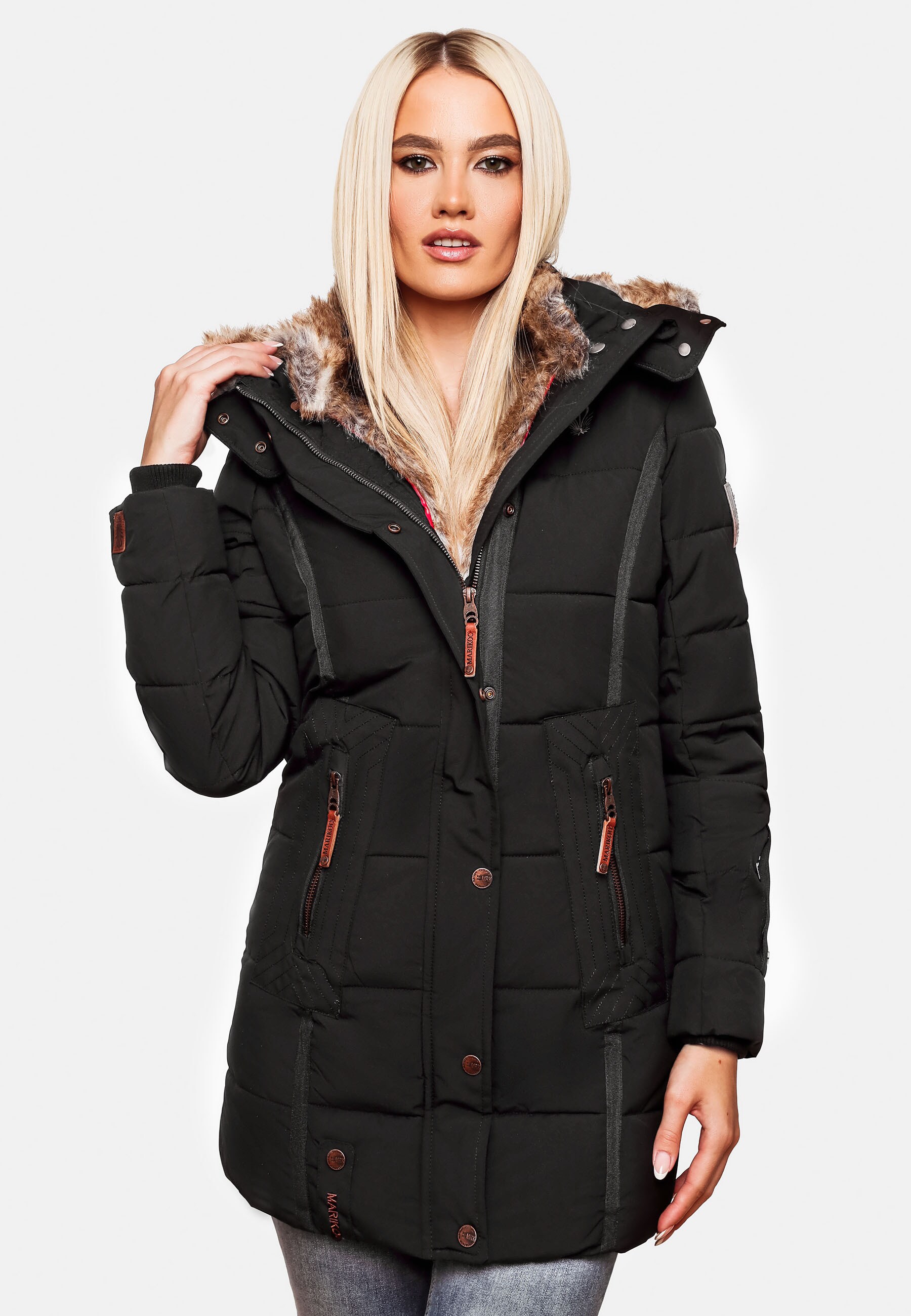 MARIKOO Damen stylischer Wintermantel Steppmantel mit Kunstpelz-Kapuze Lieblings Jacke