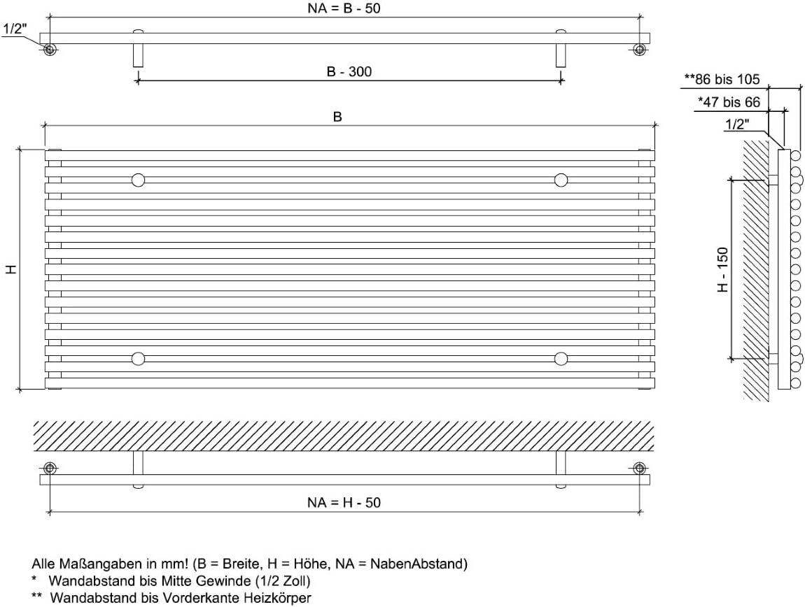 XIMAX Raumheizkörper GAMBA horizontal (RAL 9016, weiß), Höhe 590 mm x Breite 1600 mm