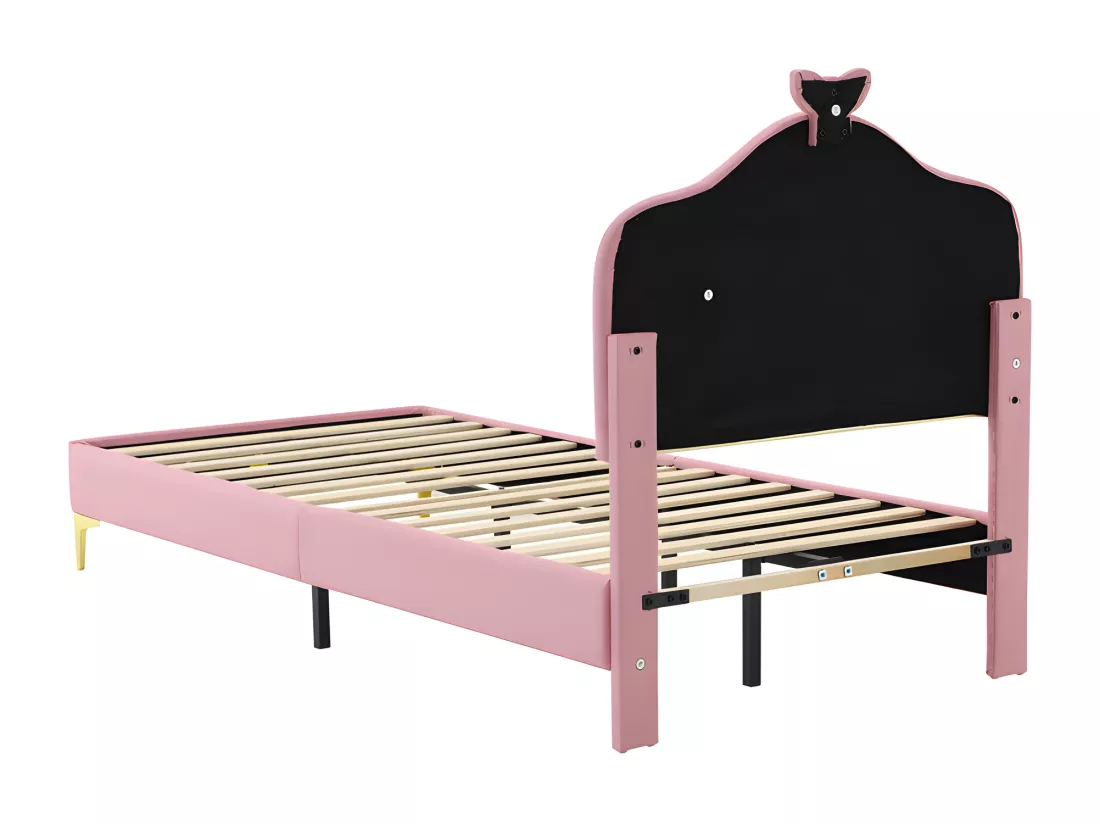 Lit enfant capitonné avec LED colorée et nœud sur la tête - en similicuir - 90x200cm - avec sommier à lattes - Rose