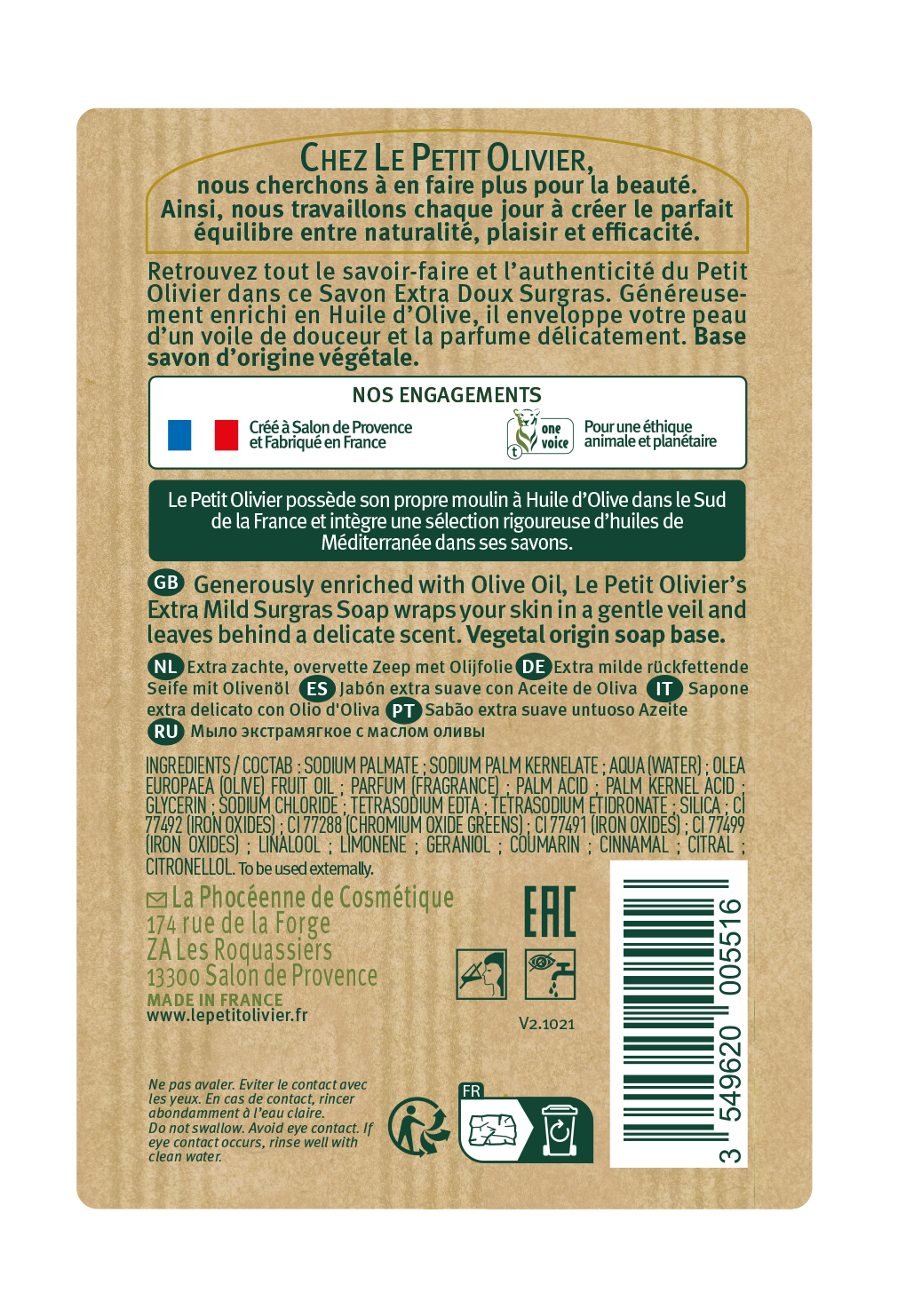 LE PETIT OLIVIER savon<br>250 g, extra doux huile d'olive