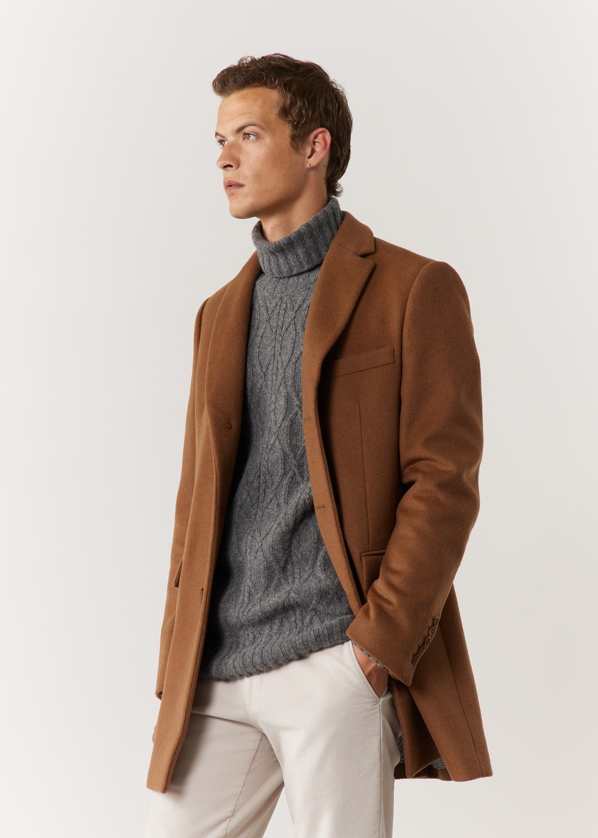 Manteau en laine mélangée unie cognac à parementure amovible