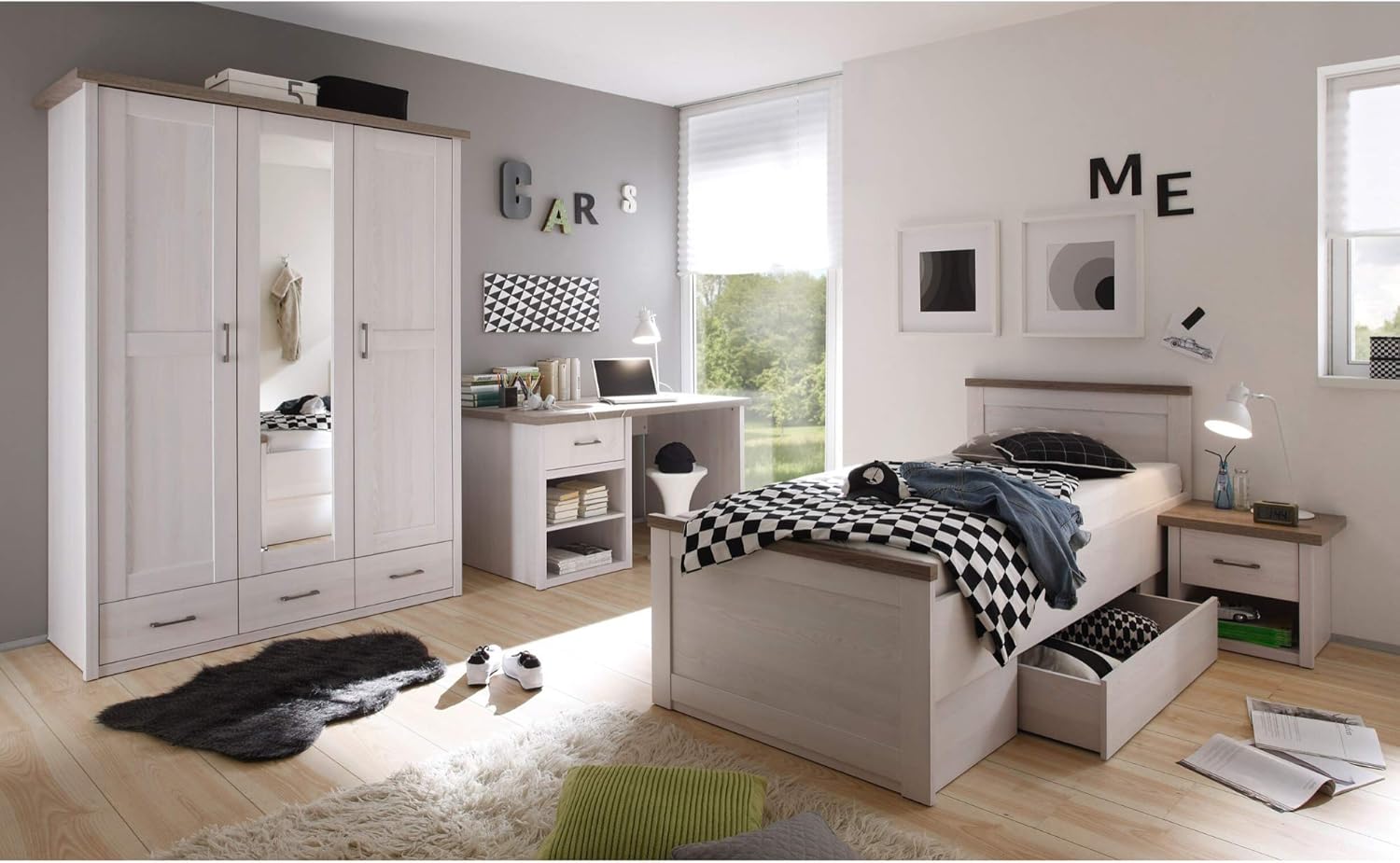 Stella Trading Stilvolles Einzelbett 90 x 200 cm mit Bettkasten - Komfortables Landhausstil Jugendzimmer Bett in Pinie Weiß / Trüffel - 96 x 90 x 205 cm (B/H/T)