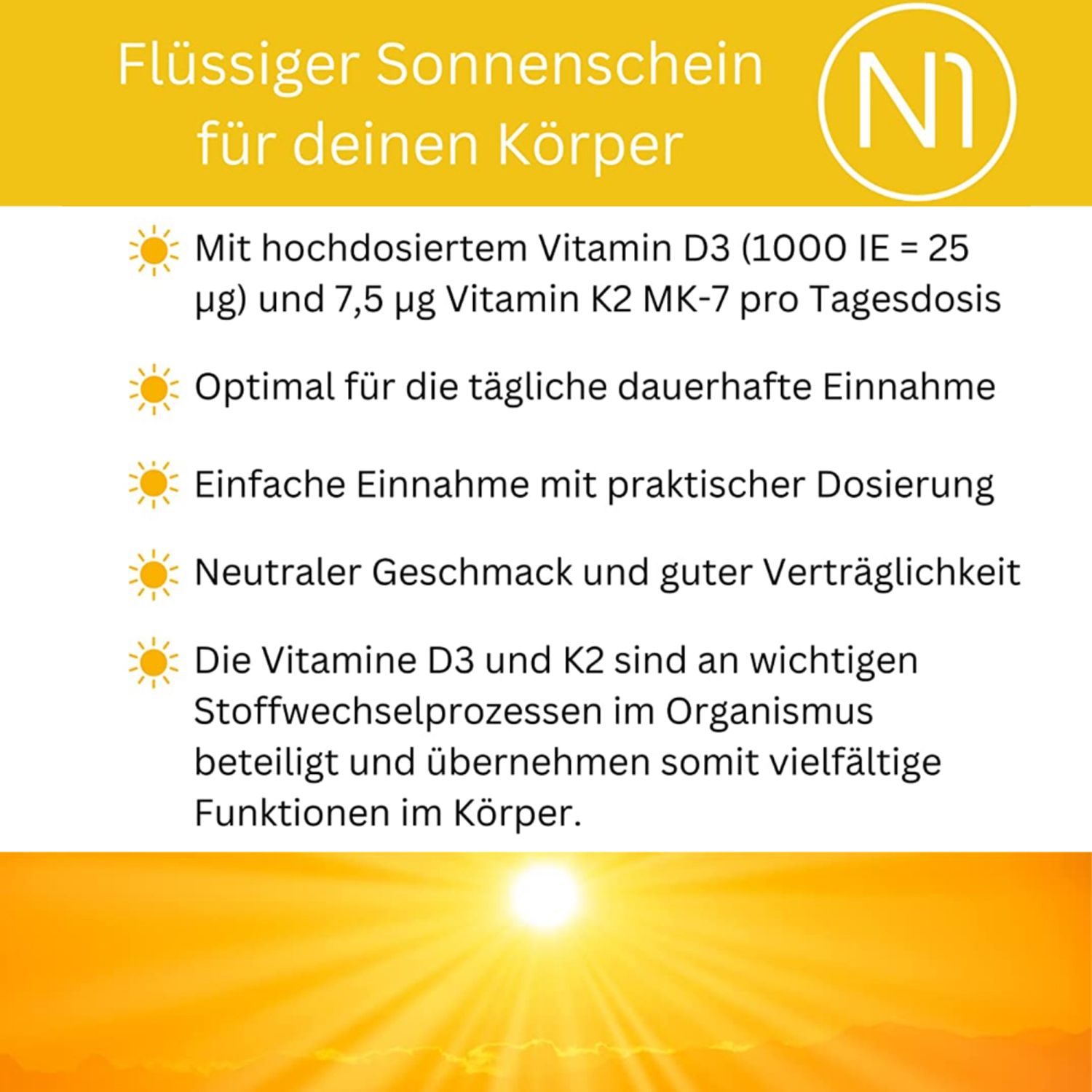 N1 Vitamin D3 K2 Öl – 1.000 I.E pro Tropfen - das Sonnenvitamin für deinen Alltag