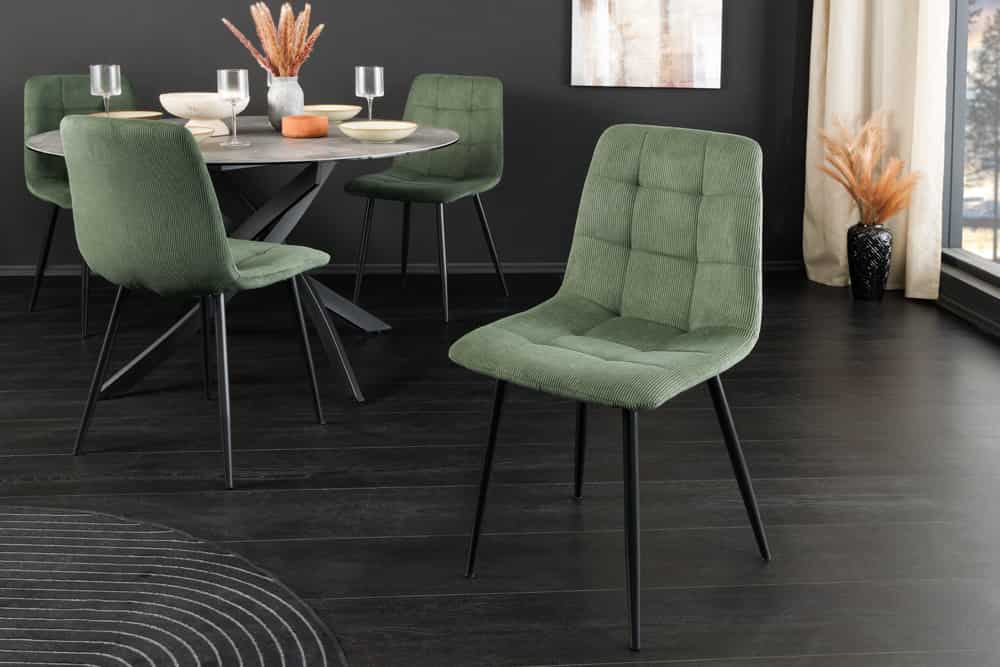 Moderner Design Stuhl TRES CHIC grün Cord schwarze Metallbeine Esszimmer